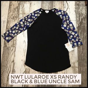 Lularoe Randy XS Americana Uncle Sam July 4 3/4 Length Sleeve Top Tshirt NWT